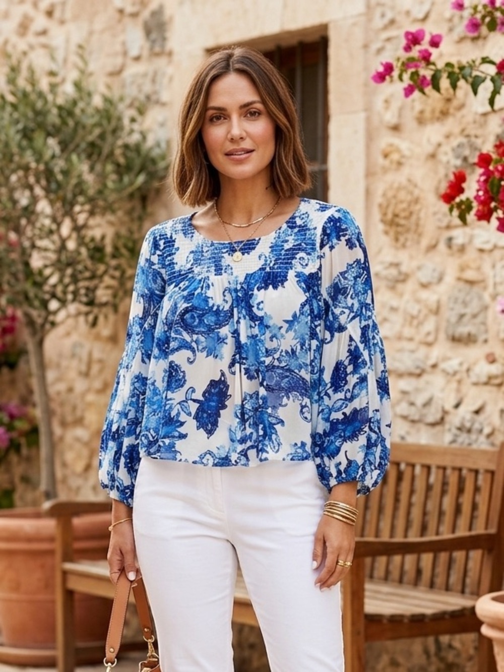 Free People Floral Blue and White Boho Cropped Square Neck Top